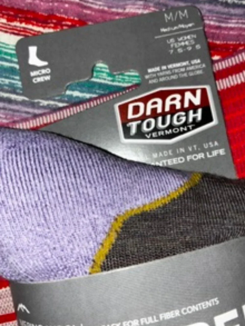 Lavender cuff, Brown and Yellow trim Darn Tough Micro Crew Socks, Women's Med.